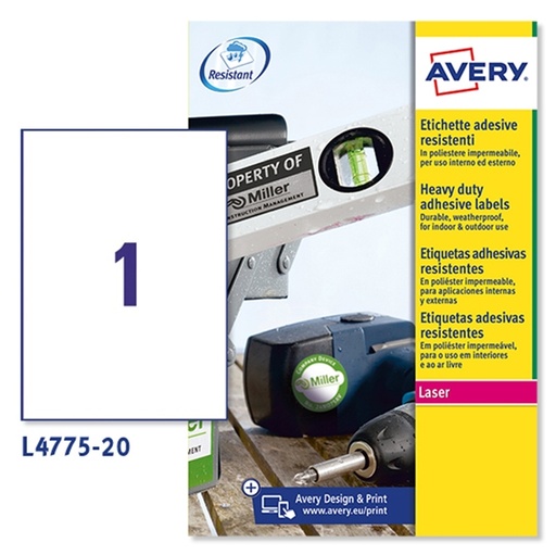 [D47693] Poliestere adesivo L4775 bianco 20fg A4 210x297mm (1et/fg) laser Avery