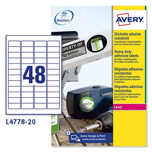 [D47695] Poliestere adesivo L4778 bianco 20fg A4 45,7x21,2mm (48et/fg) laser Avery