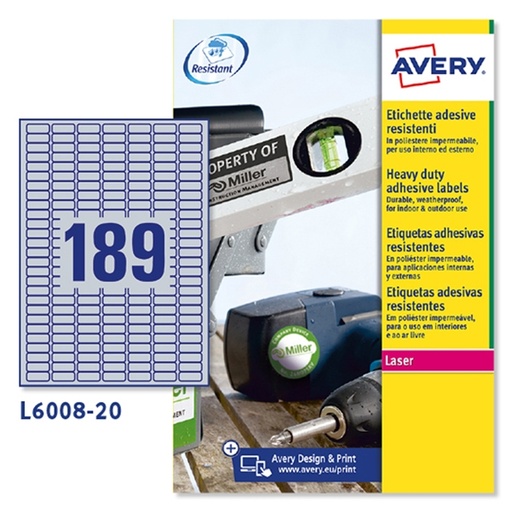 [D47697] Poliestere adesivo L6008 argento 20fg A4 25,4x10mm (189et/fg) laser Avery