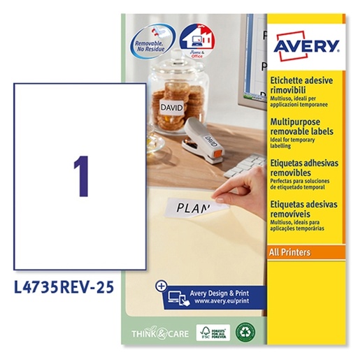 [D49697] Etichetta adesiva L4735REV bianca rimovibili 25f A4 210x297mm (1et/fg) laser