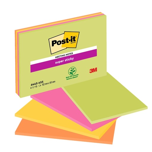 [D53557] BLOCCO 45foglietti Post-it(R) Super Sticky 101x152mm MEETING NOTE NEON 6445-SSP