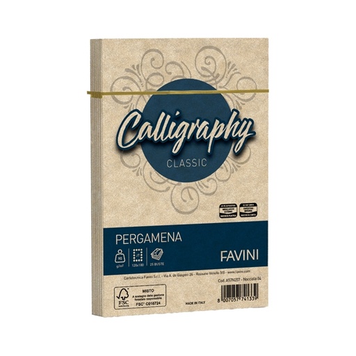 [D53634] 25 buste CALLIGRAPHY PERGAMENA 120x180mm 90gr nocciola FAVINI