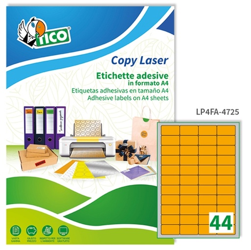 [D53658] Etichetta adesiva LP4F arancio fluo 70fg A4 47,5x25,5mm (44et/fg) Tico
