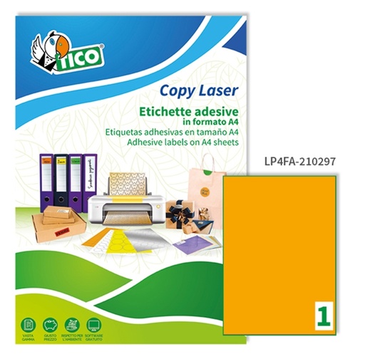 [D53669] Etichetta adesiva LP4F arancio fluo 70fg A4 210x297mm (1et/fg) Tico