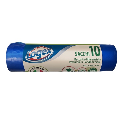 [D57546] Sacchi Immondizia 70X110cm pz.10 120LT HD 16µ AZZURRO LOGEX