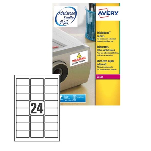 [D58164] Poliestere adesivo extra L6141 bianco 20fg A4 63,5x33,9mm (24et/fg) laser Avery