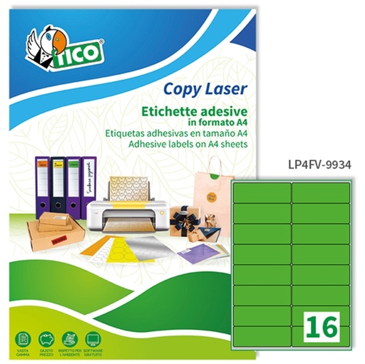 [D58410] Etichetta adesiva LP4F verde fluo 70fg A4 99,1x34mm (16et/fg) Tico