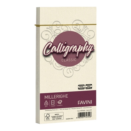 [D61550] 25 BUSTE CALLIGRAPHY MILLERIGHE 110X220MM 100GR 02 AVORIO