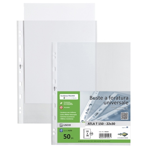 [D64512] 50 buste forate ATLA T 150 22x30cm liscio SEI ROTA
