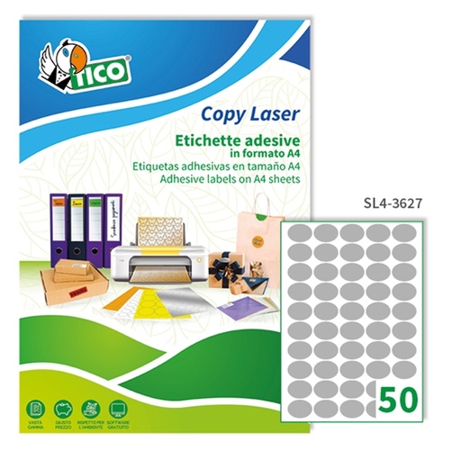 [D65023] Etichetta adesiva SL4 ovale argento satinata 100fg A4 36x27mm (50et/fg) Tico
