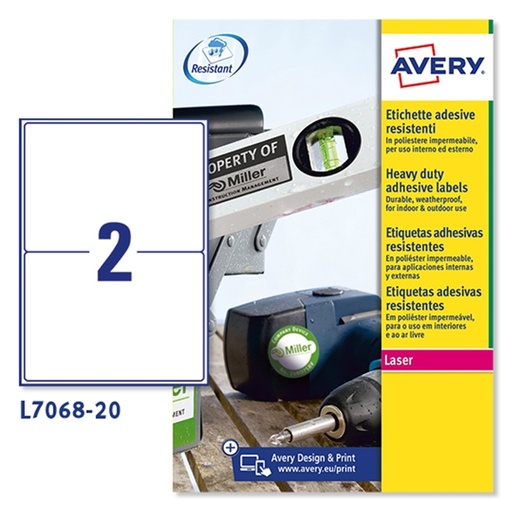 [D67275] Poliestere adesivo L7068 bianco 20fg A4 199,6x143,5mm (2et/fg) laser Avery