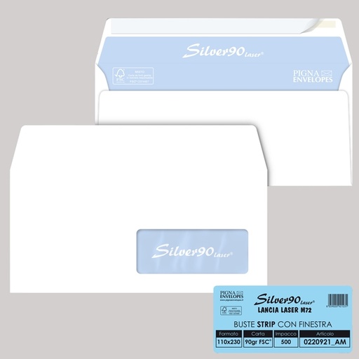 [D68001] 500 busteSILVER90 STRIP LASER FSC(R)bianca intern. c/finestra110x230mm 90gr Pigna