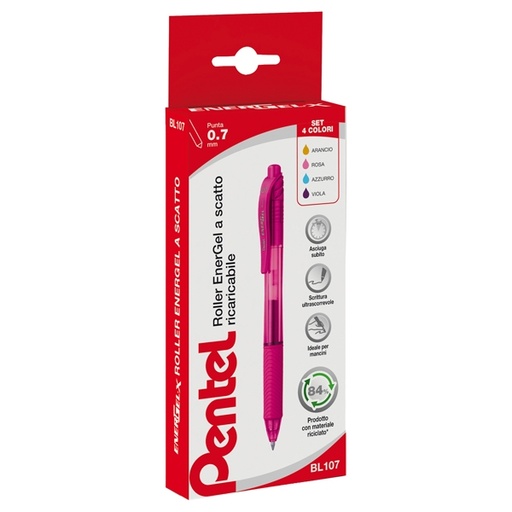 [D68222] Astuccio 4 roller a scatto Energel X BL107 0.7mm Pentel
