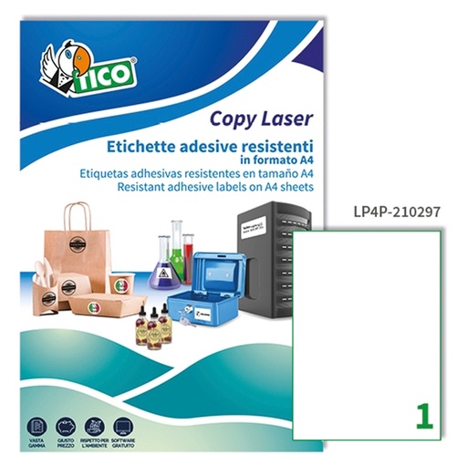 [D68740] Poliestere adesivo LP4P bianco 70fg A4 210x297mm (1et/fg) laser Tico