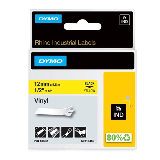 [D70882] NASTRO VINILE 12mm x 5.5mt nero su giallo 18432 RHINO